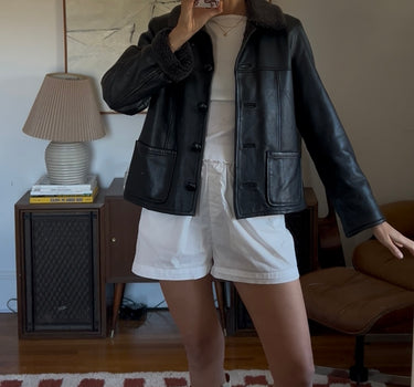 Cropped Leather Jacket with Shearling Collar