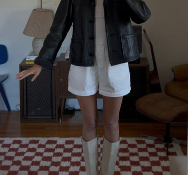 Cropped Leather Jacket with Shearling Collar